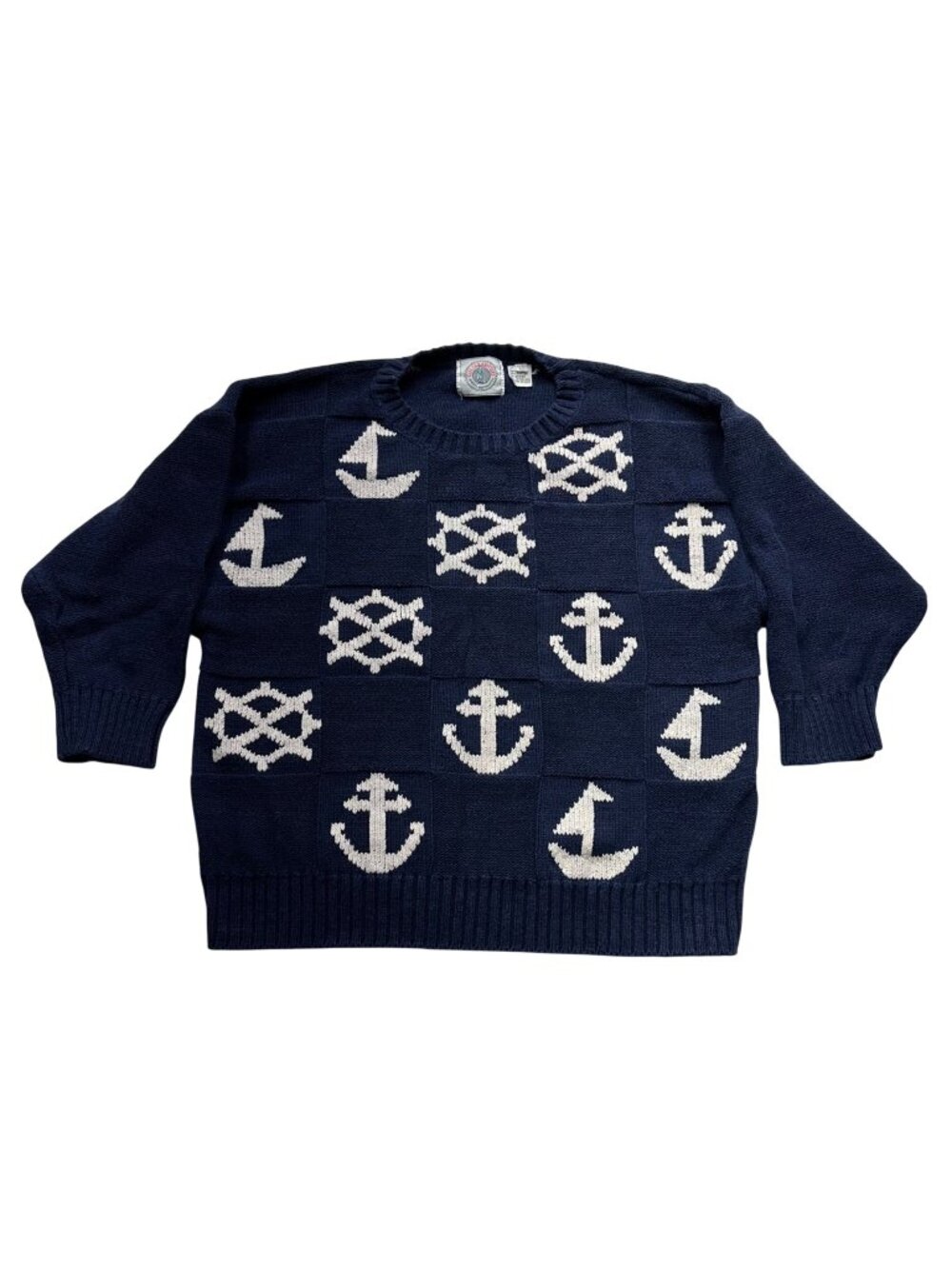 Cape Isle Knitters Nautical Boat Anchor Sweater Womens Size L Vintage Navy Blue